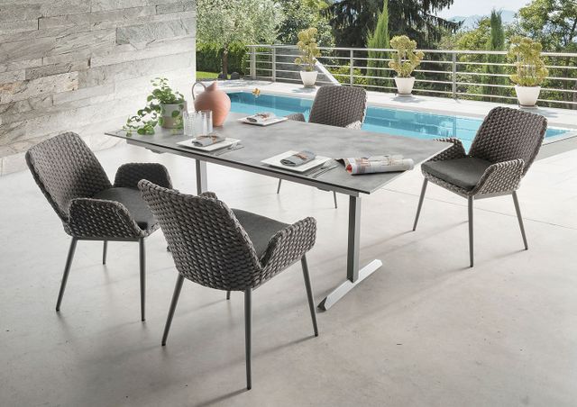 Olympia Garda Auszugtisch 130x80cm mit 1 Einlage 50 cm HPL Oxido Grisalo Sessel Talca