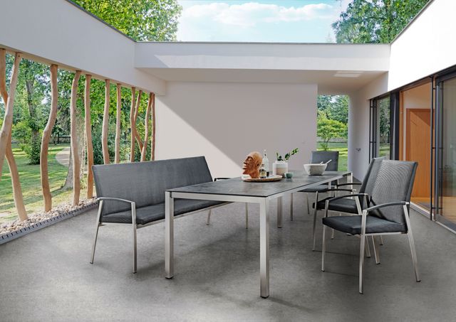 Manhattan 210 270x95cm Dekton Laos Edelstahl Talisma Bank 190cm und Stuhl Leisuretex BlackPearl
